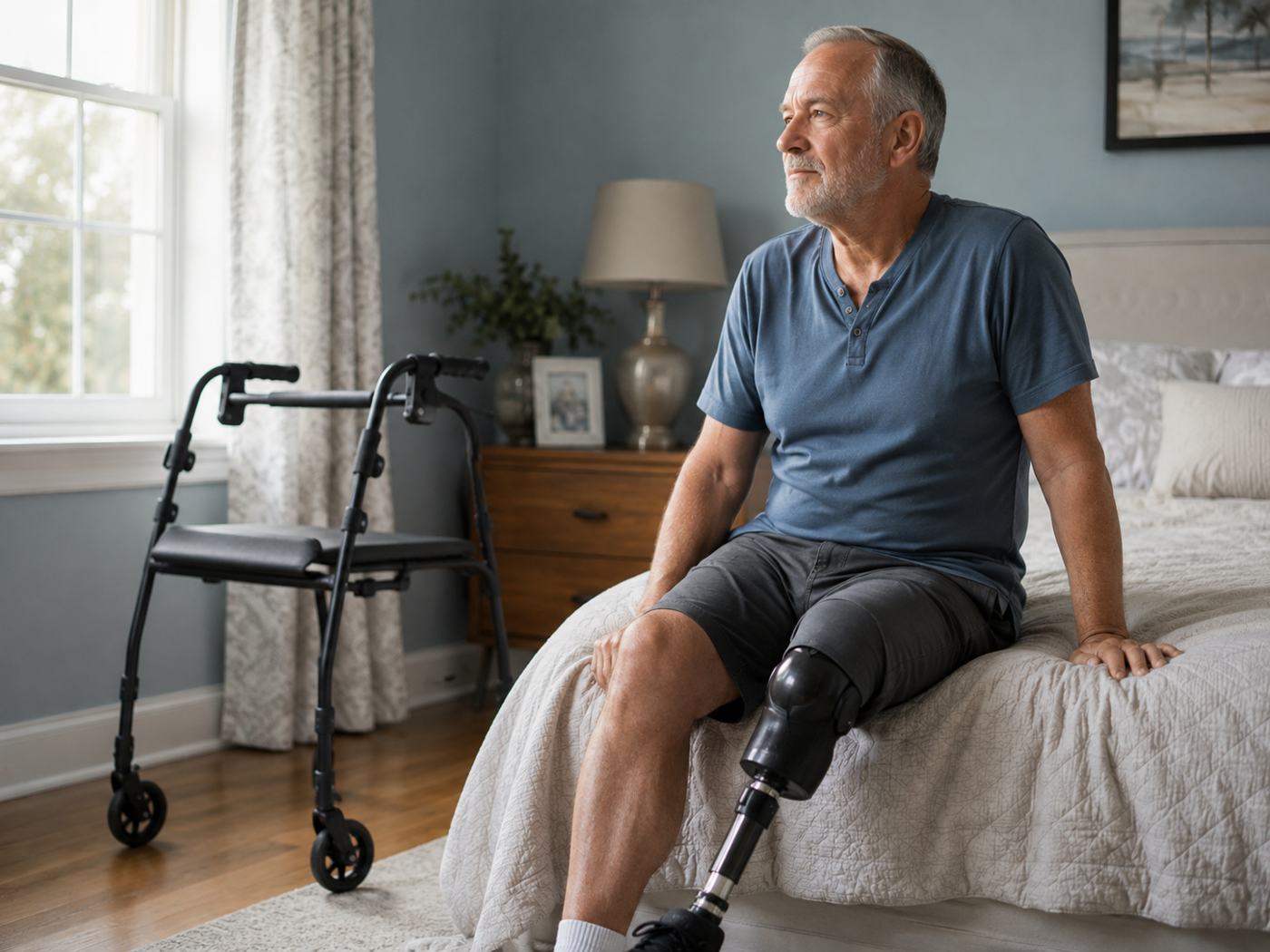 Adult man seated at the edge of a bed with a lower-limb prosthesis and nearby walker.