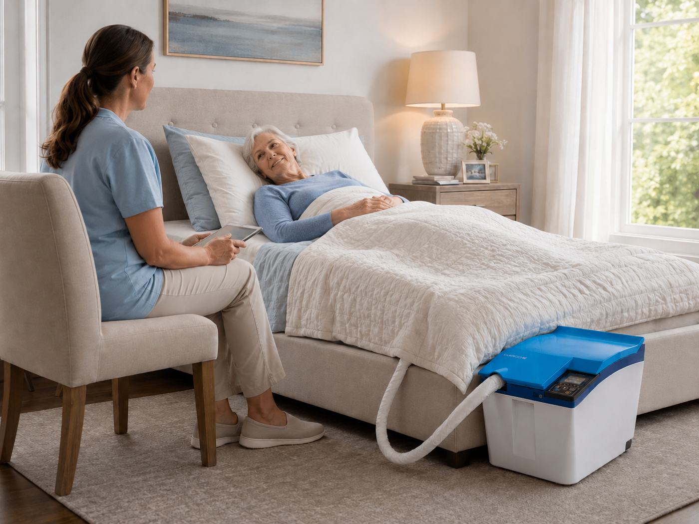 Carebidet in use beside a bed with a patient resting comfortably and a caregiver nearby