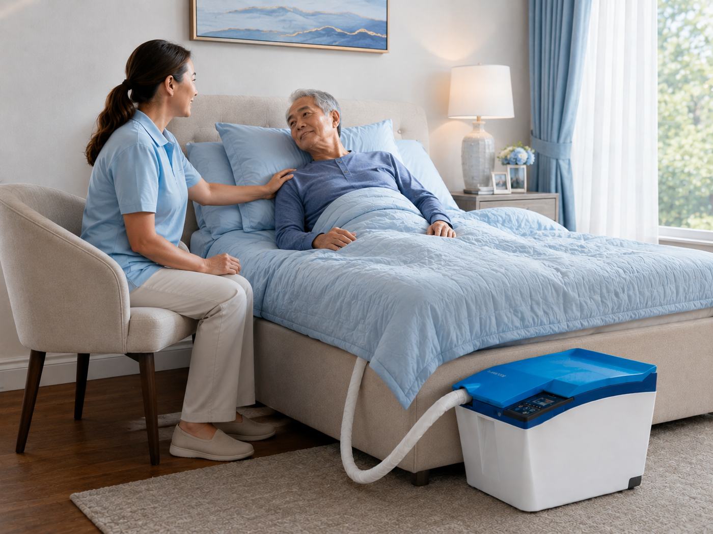 Carebidet positioned beside the bed while a stroke survivor receives in-bed toileting support