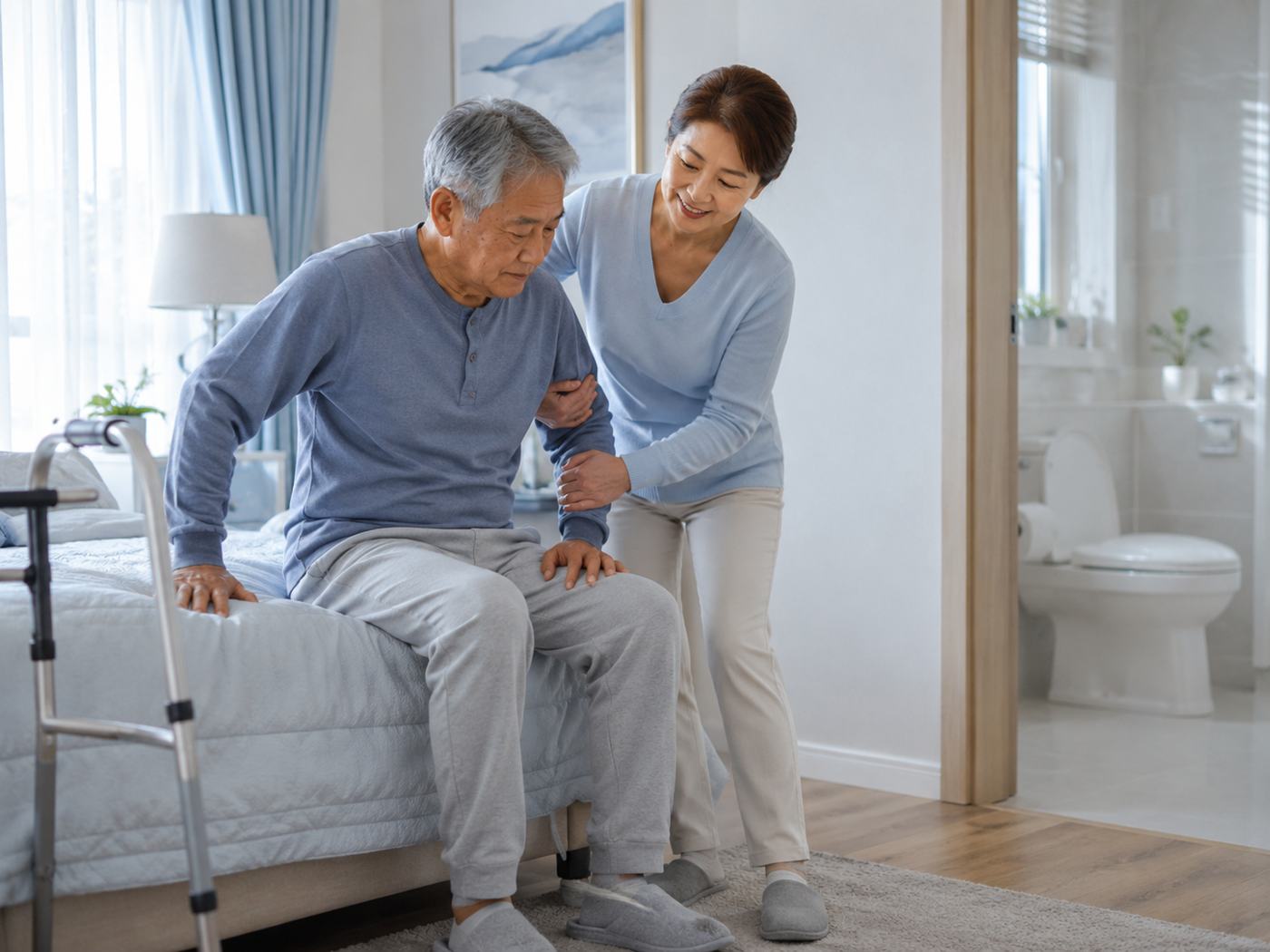 Caregiver helping a stroke survivor sit up and prepare for a bathroom transfer