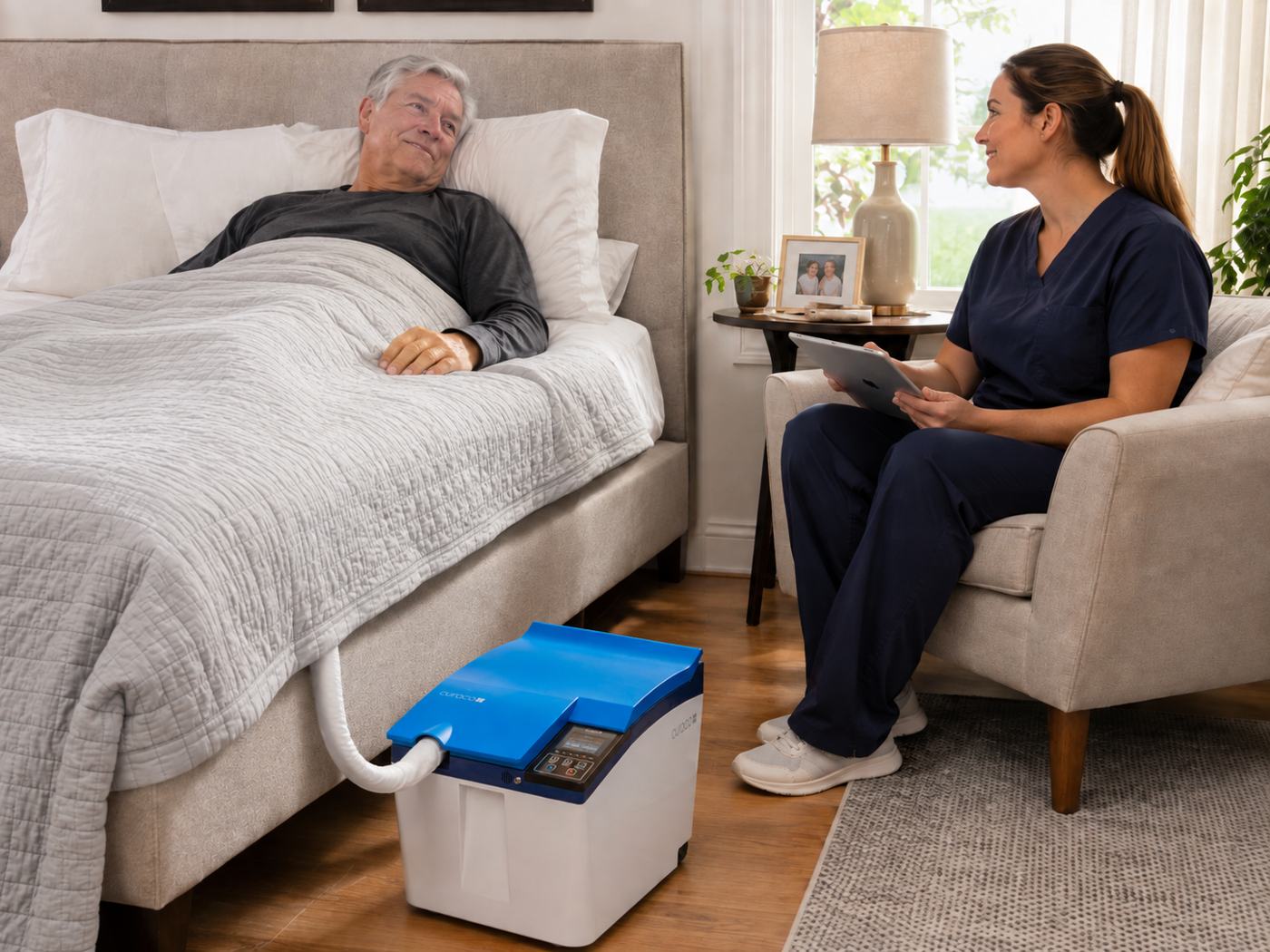 Caregiver seated beside a bed with a patient resting comfortably and the Carebidet visible next to the bed