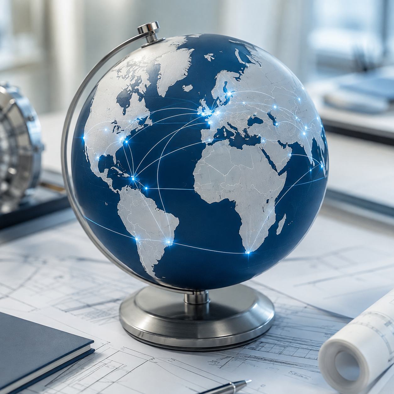 Connected globe representing Curaco's global commercial reach