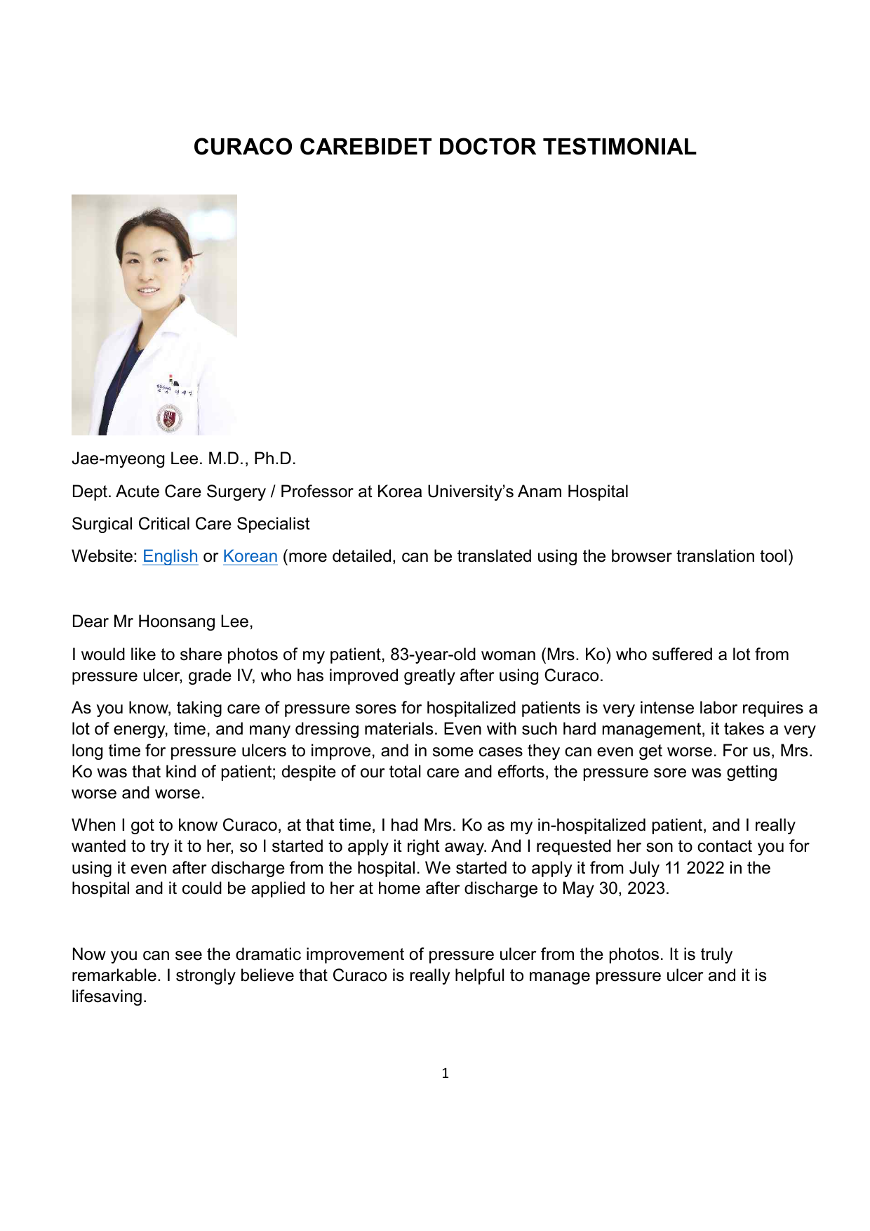 First page of Dr. Jae-myeong Lee Carebidet pressure injury case letter