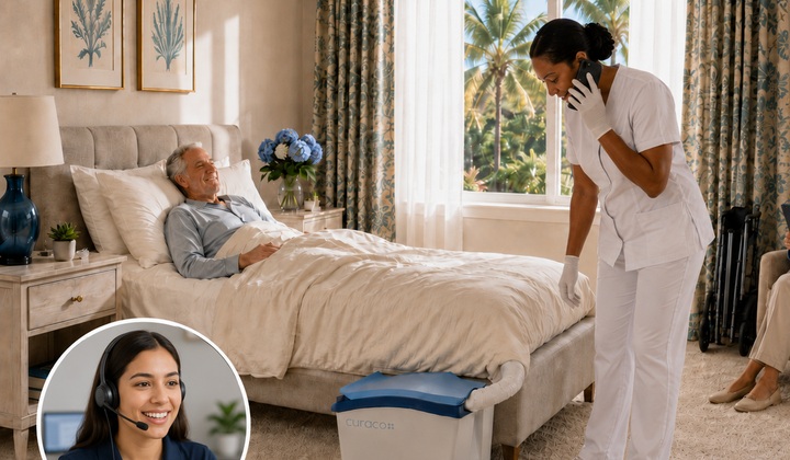 Caregiver speaking by phone near Carebidet with a customer-support representative shown in an inset.
