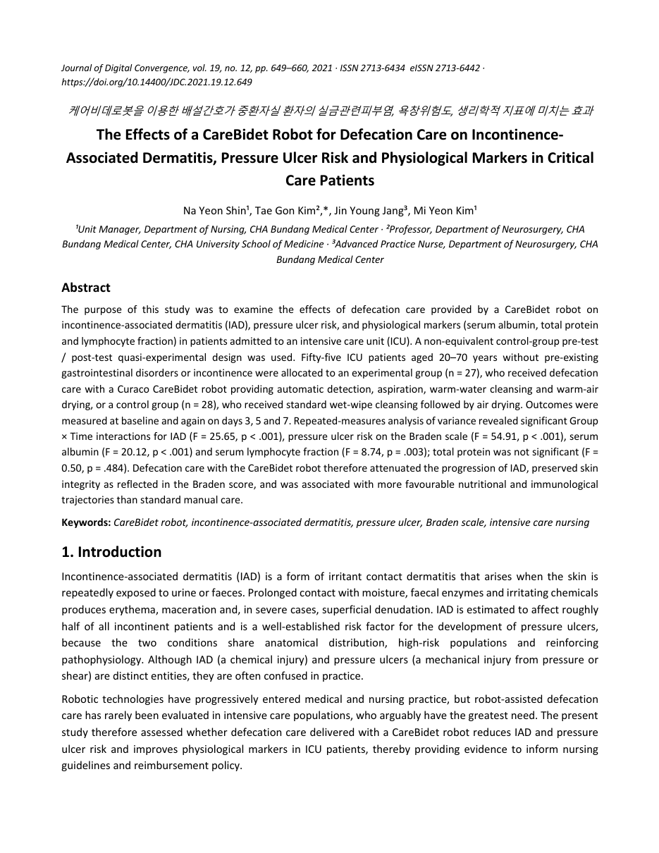 First page of Carebidet pressure injury and IAD study