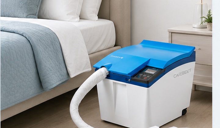 Carebidet installed beside a bed during home delivery and setup.