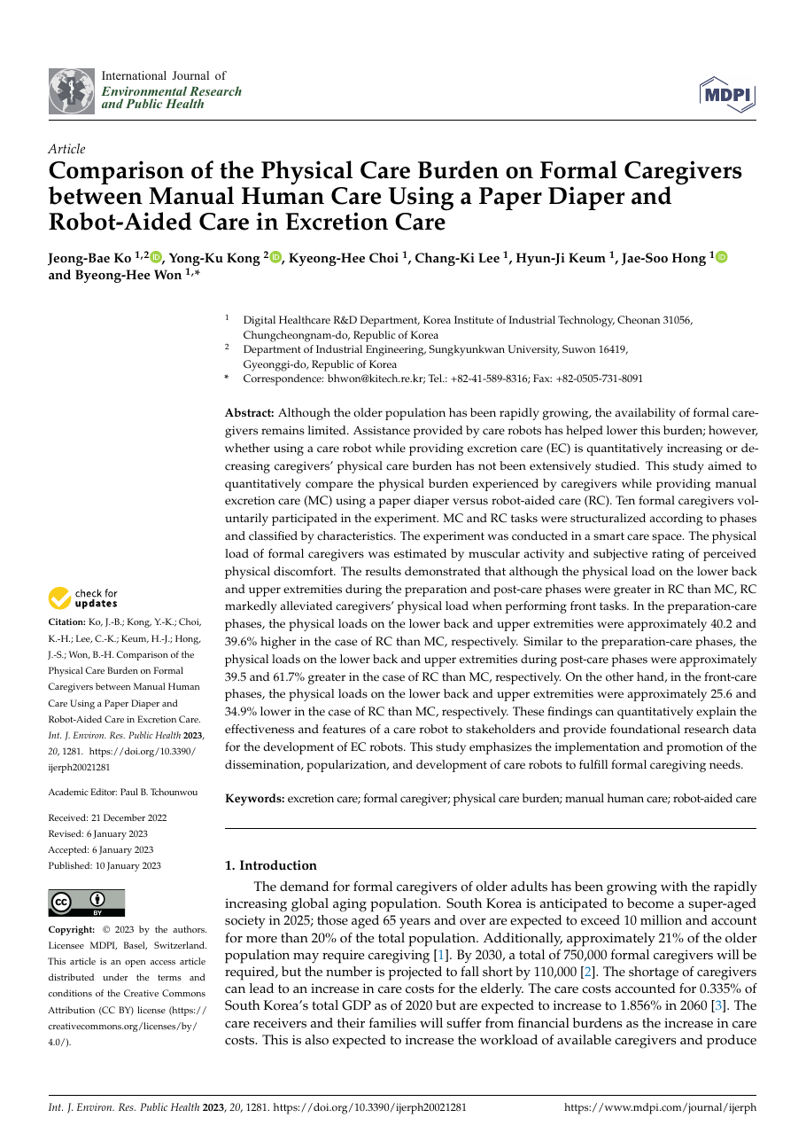 First page of the Carebidet caregiver physical burden study