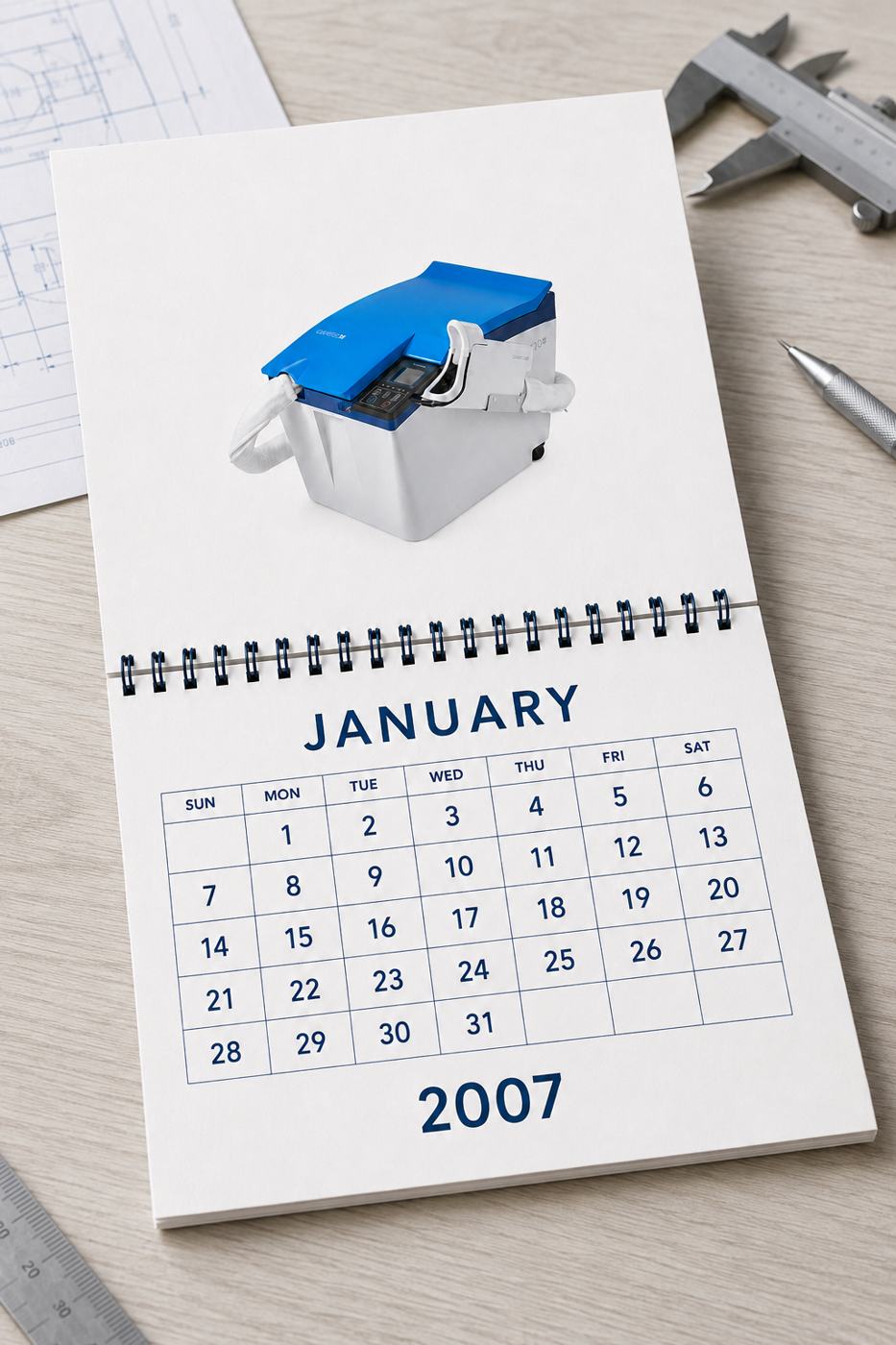 Open January 2007 calendar featuring Carebidet on an engineer's worktable