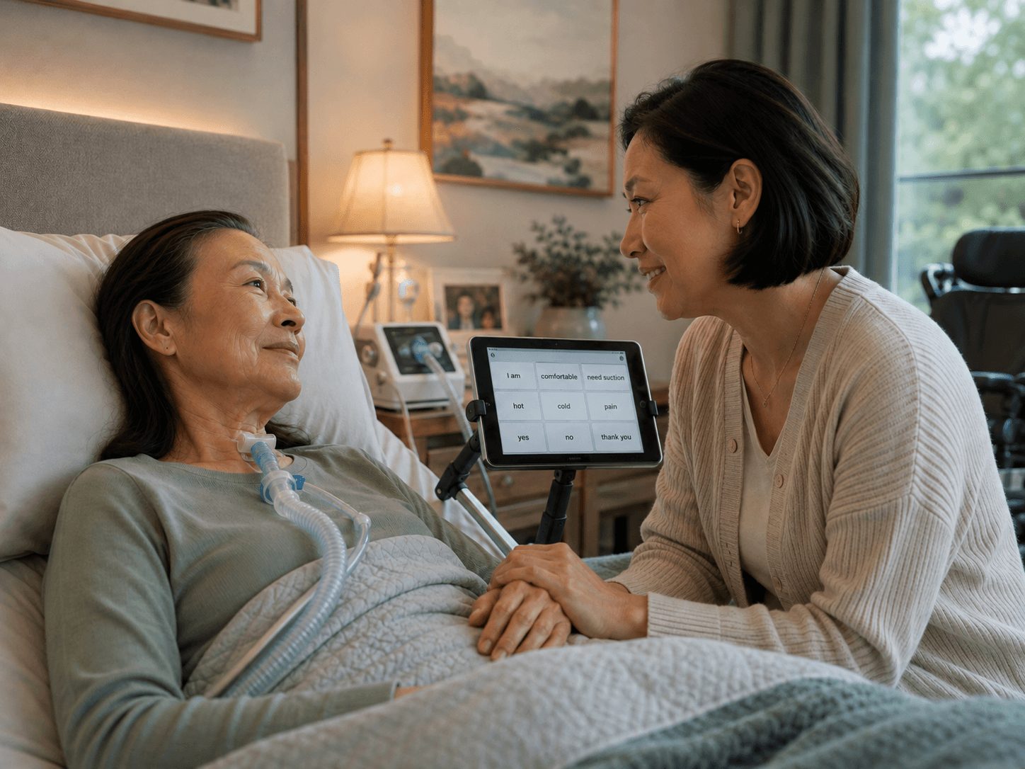 Woman resting in bed using communication and respiratory support while holding hands with a loved one.