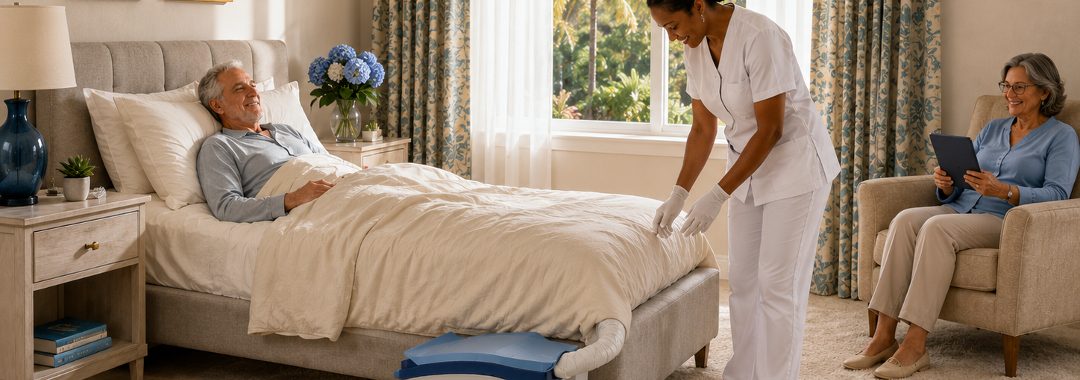 Professional caregiver assisting a client resting in bed at home, with Carebidet positioned near the foot of the bed and a family member nearby.