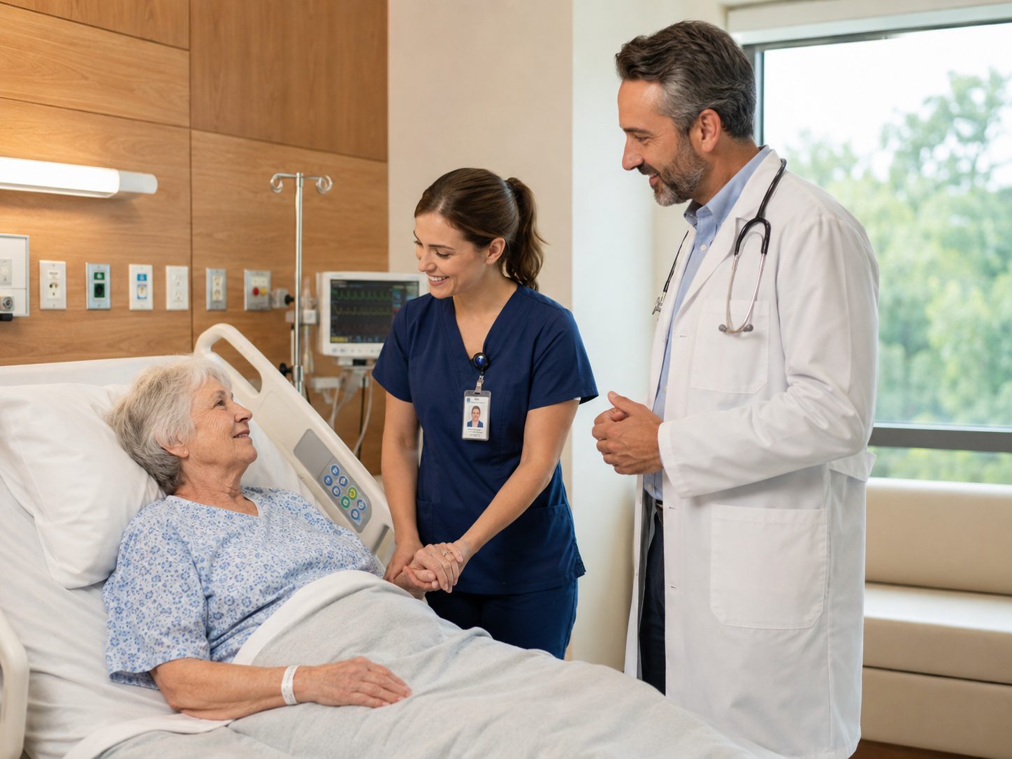 A nurse and doctor speaking with a patient in a modern hospital room