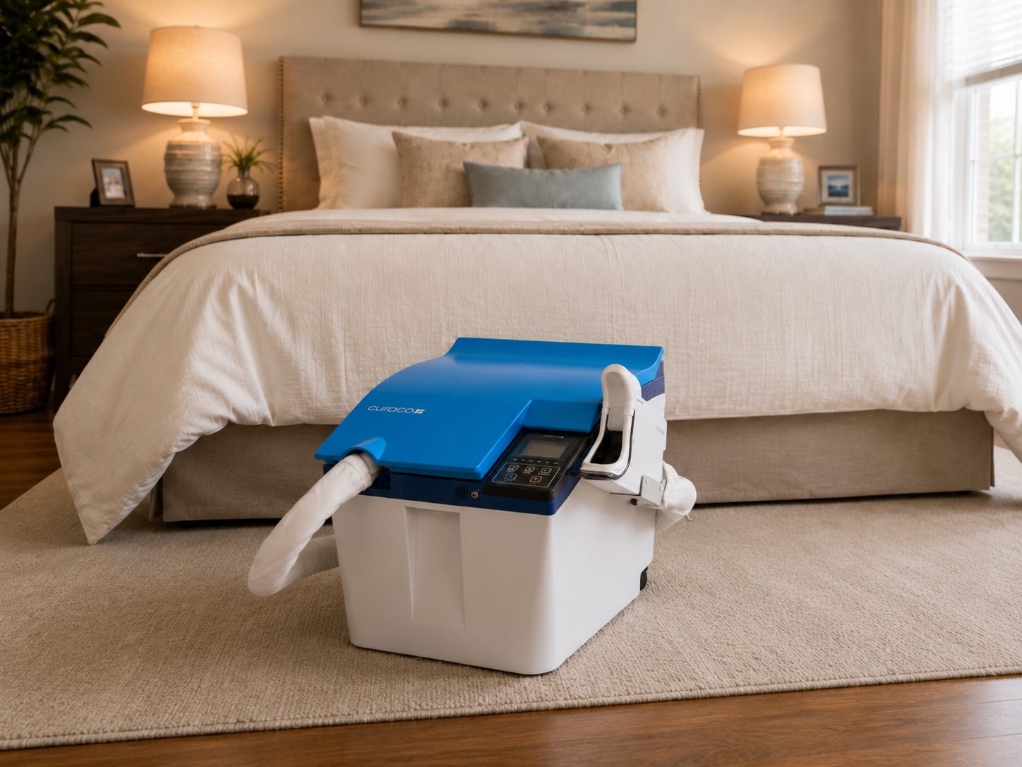 Carebidet positioned in front of a made bed in a home setting