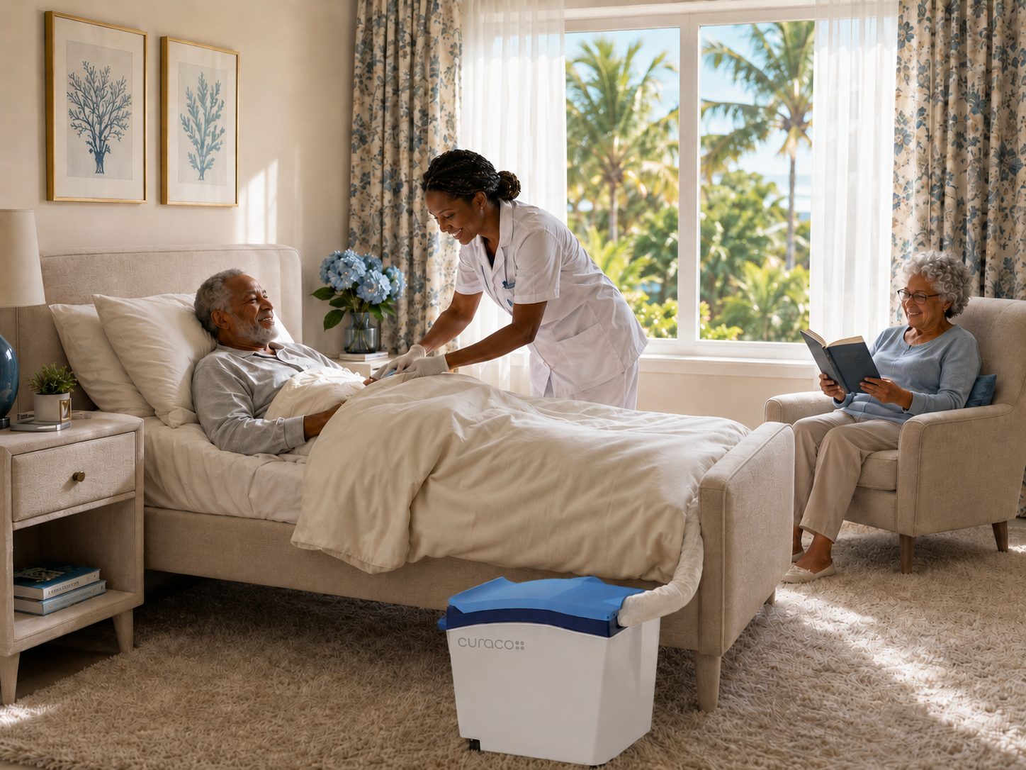 Professional caregiver supporting a person in bed while a family member is present and Carebidet is positioned near the foot of the bed.