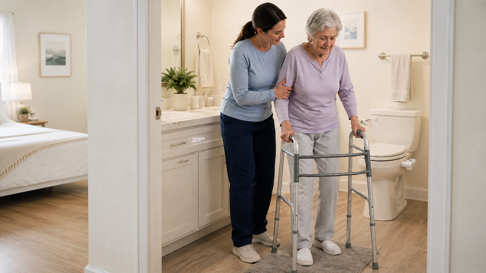 Older woman with Parkinson’s using a walker in a bathroom while supported by a caregiver