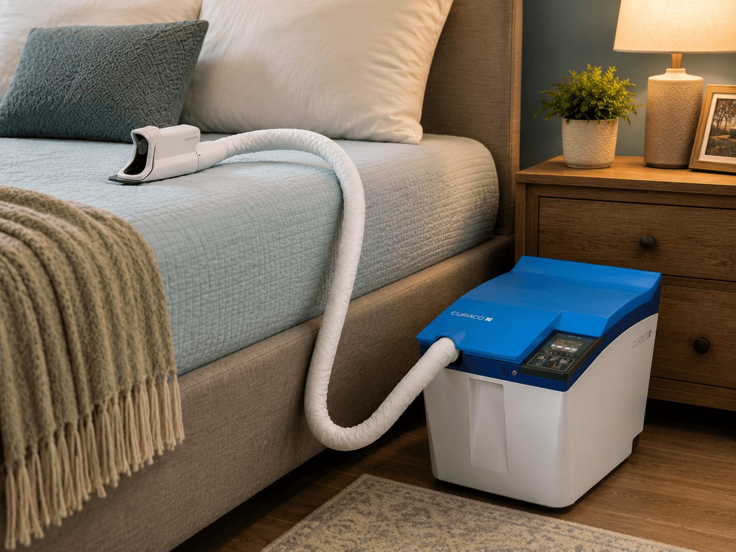 Carebidet beside a home-care bed with the interface positioned on the bedding.