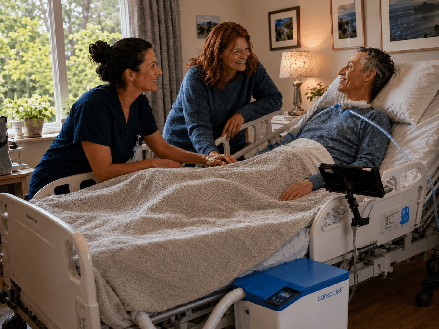 Person resting in bed with a caregiver and loved one, with Carebidet beside the bed.