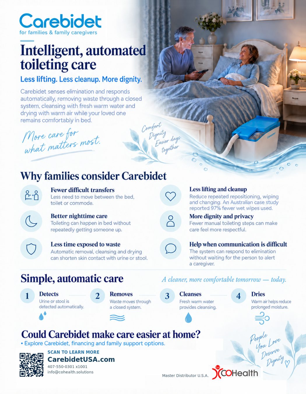 First page of the Carebidet Home Care flyer for families and family caregivers