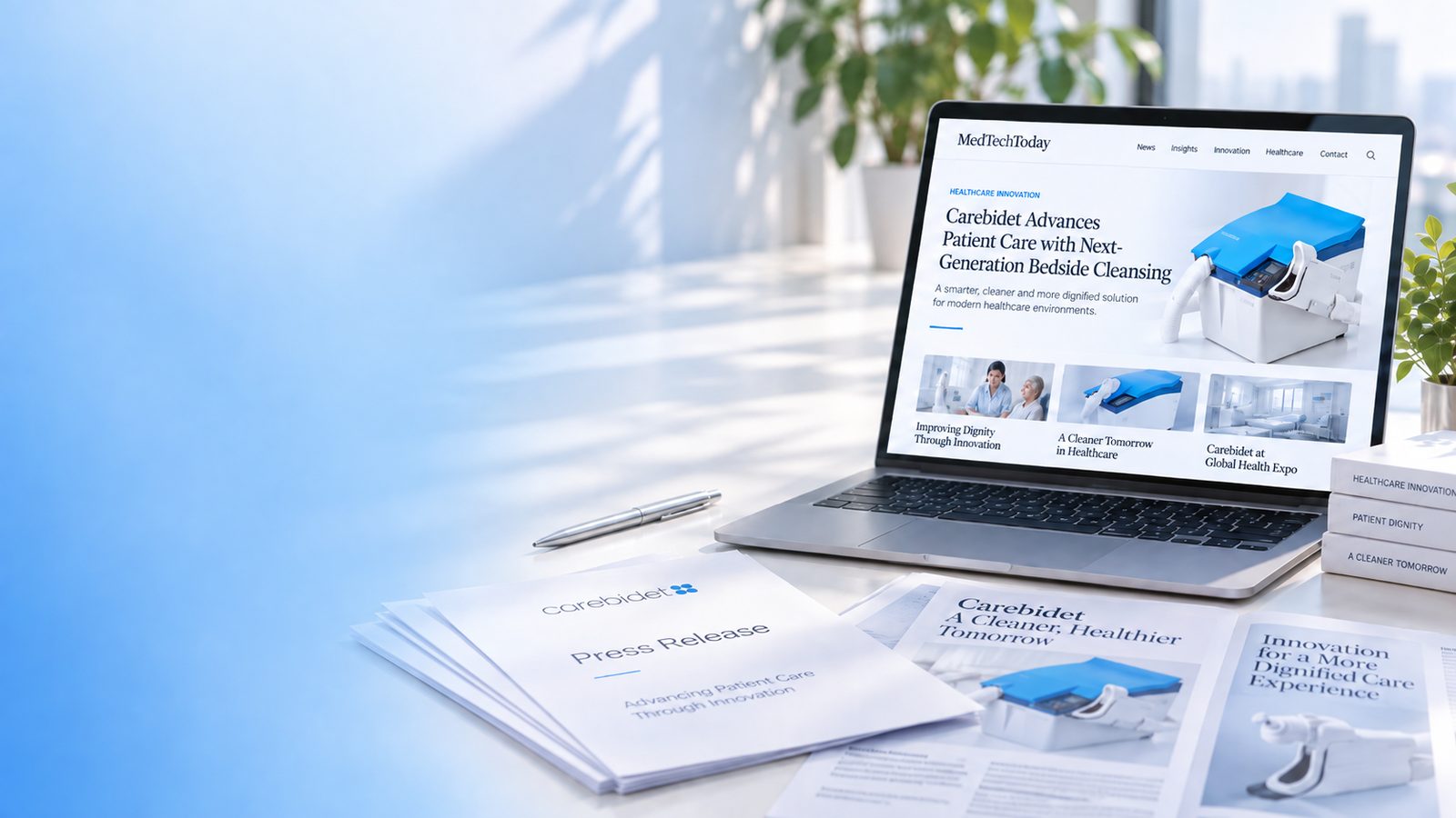 Press and media workspace featuring Carebidet news coverage and press materials