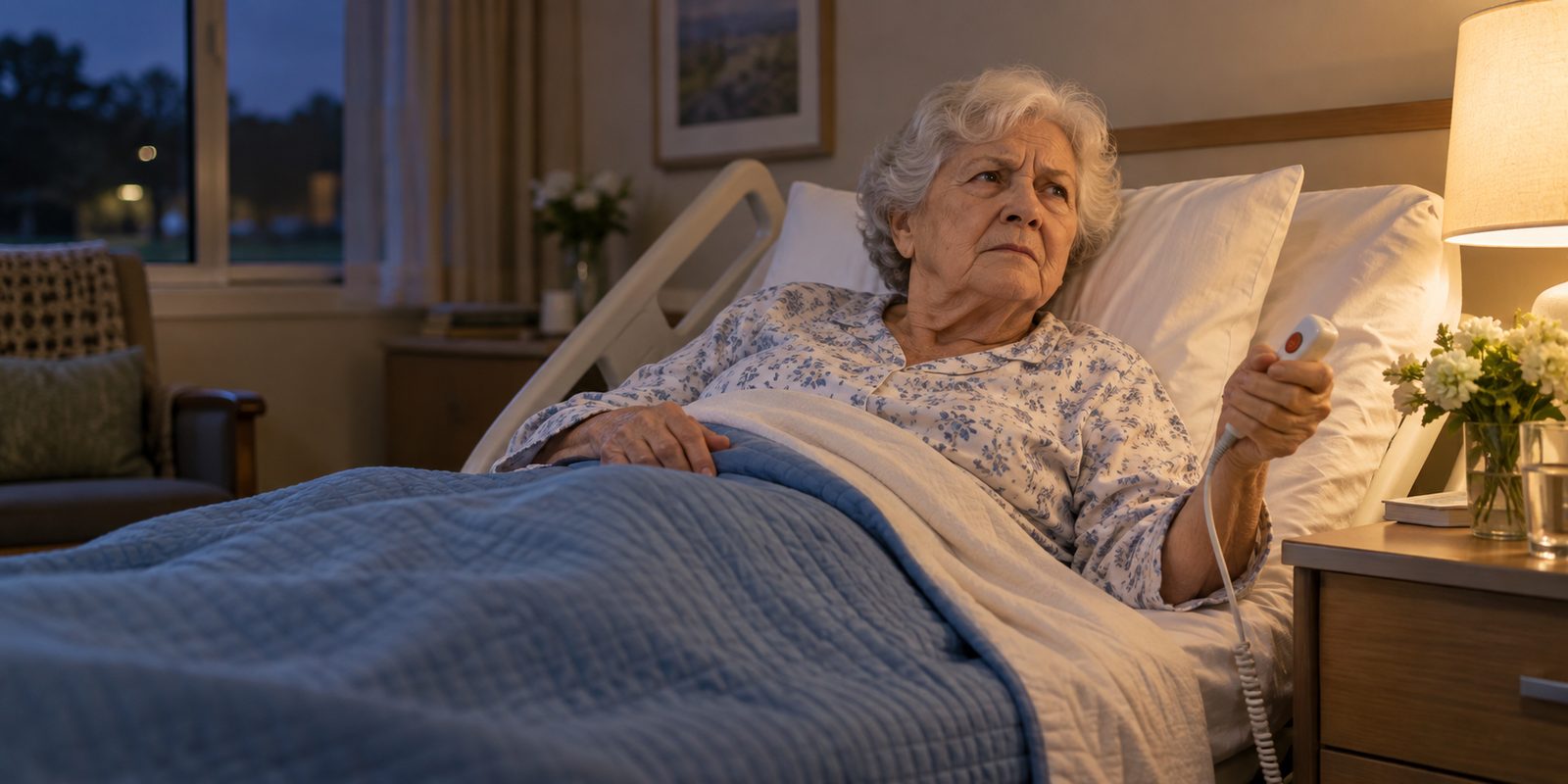 Senior care resident pressing a call button while waiting for assistance