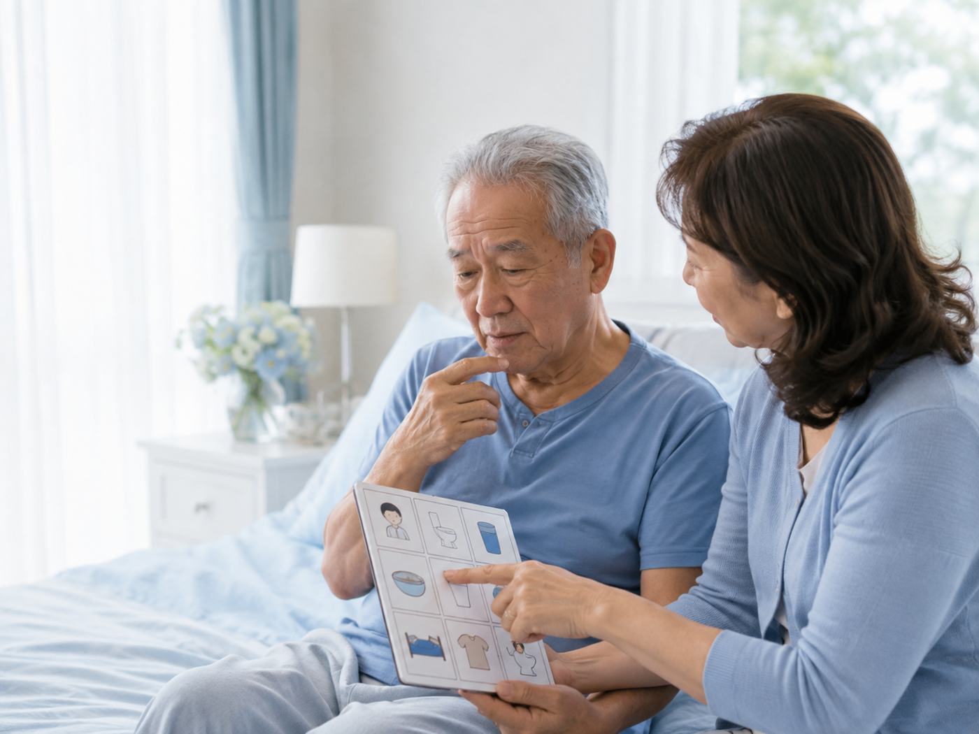 Stroke survivor and caregiver using a communication board together by the bedside