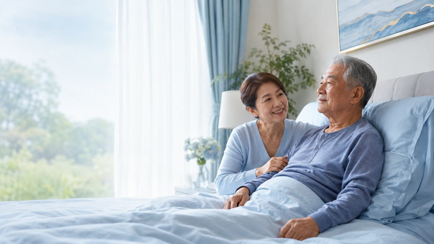 Stroke survivor resting comfortably in bed with a supportive family caregiver nearby