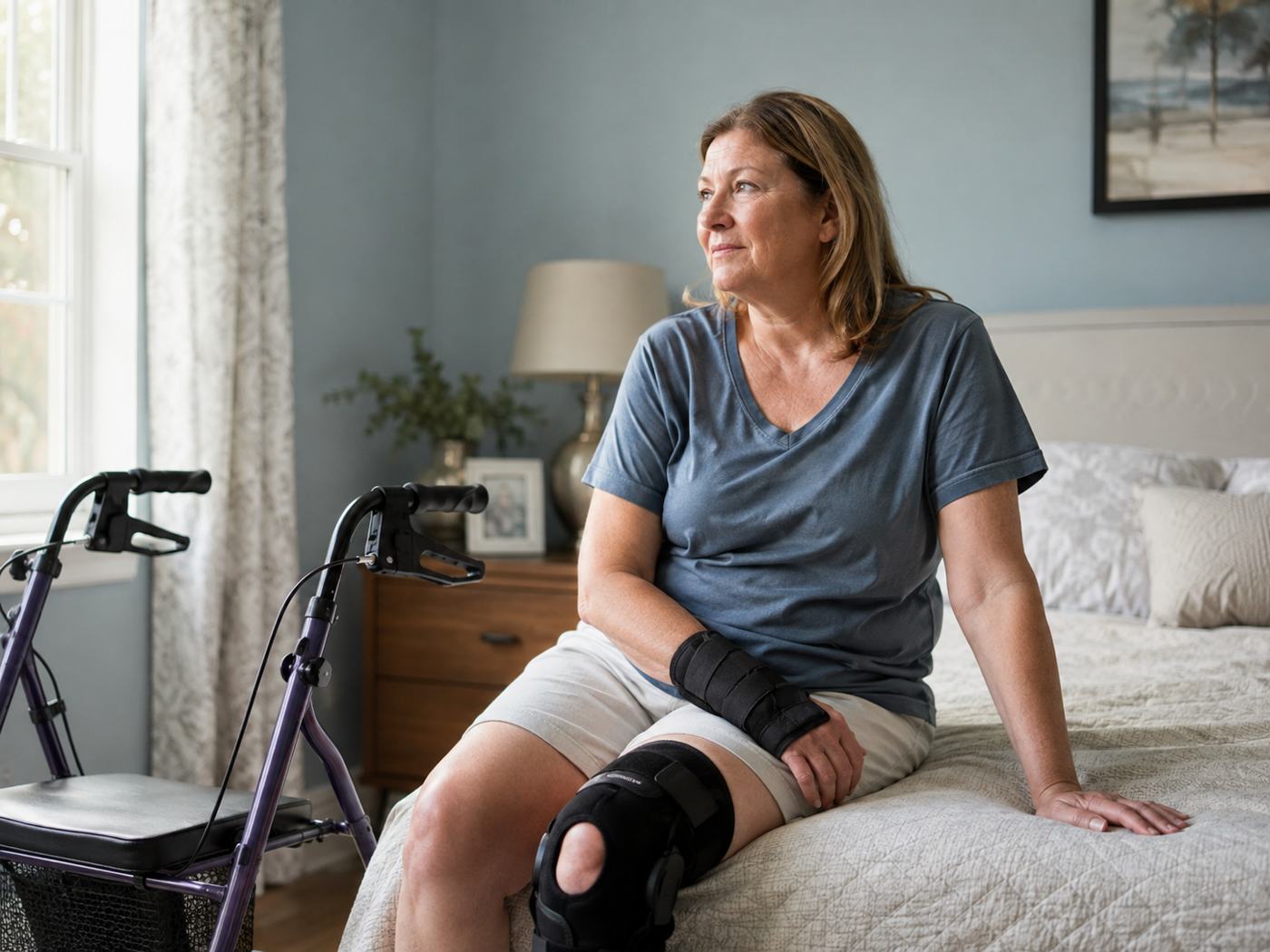 Woman resting at the edge of a bed with visible mobility supports including a walker and joint bracing.